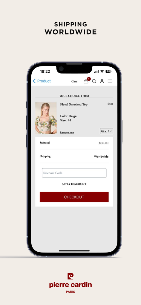 Pierre Cardin Paris - Pierre Cardin Paris mobile app checkout screen showing a floral smocked top in the shopping cart with global shipping options.