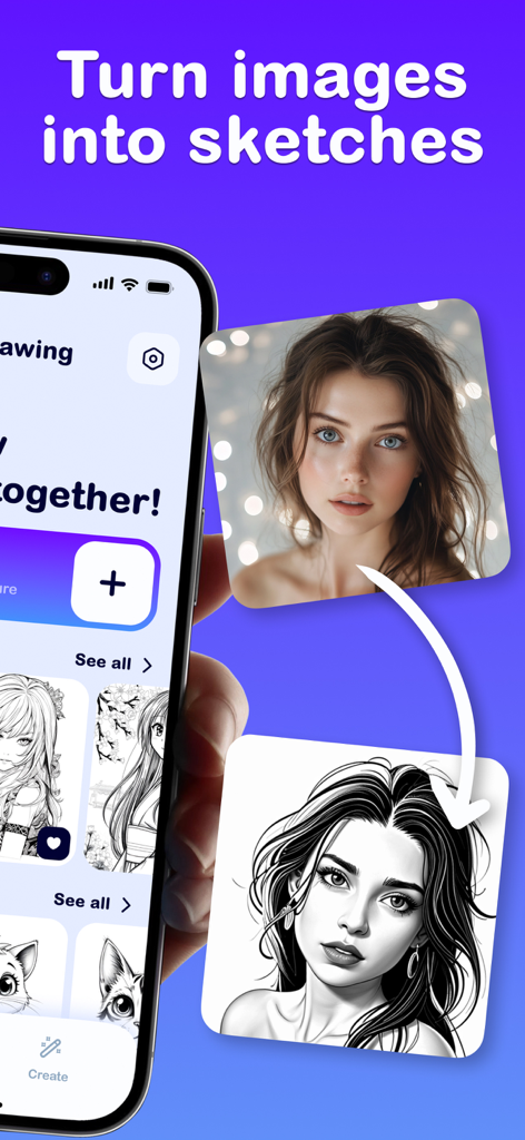 AR Drawing to Sketch & Paint - AR描画アプリを使用して、ポートレート写真が白黒スケッチに変換される様子を示す画像