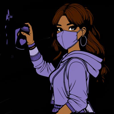 realistic girl with mask spray painting a wall