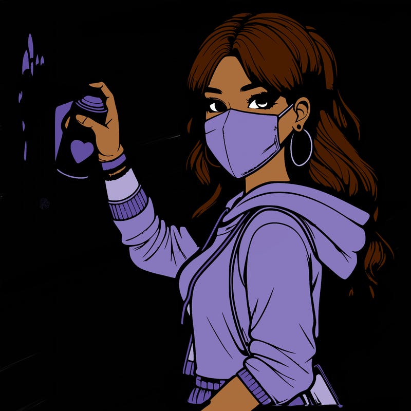 realistic girl with mask spray painting a wall