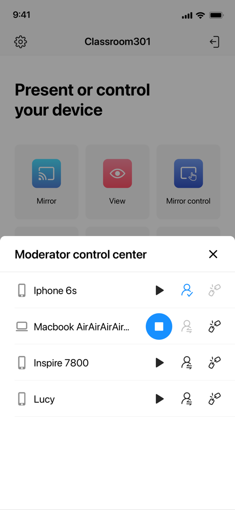 Newline Cast + - Newline Cast Plus moderator control center showing a list of connected devices for screen mirroring