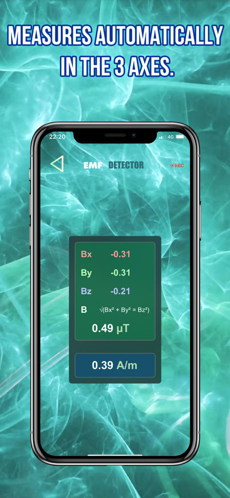 EMF detector app displaying automatic 3-axis electromagnetic field measurement readings on a smartphone screen.