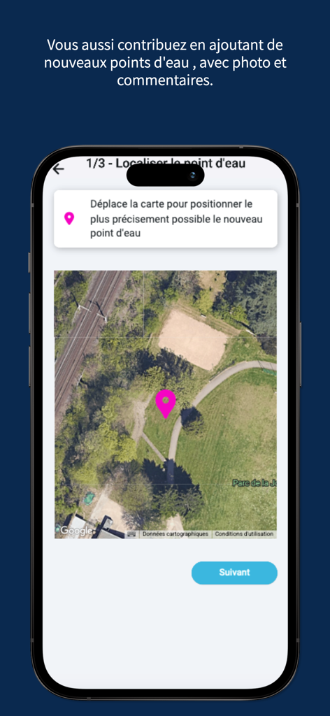 Akualis - Akualis app interface showing a map where users can pin and add new potable water points