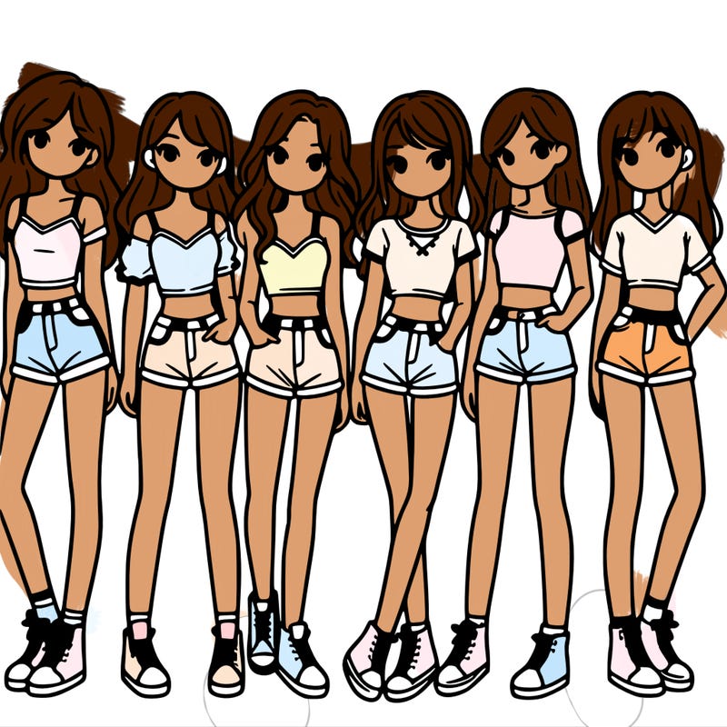a group of girls wearing crop tops and shorts