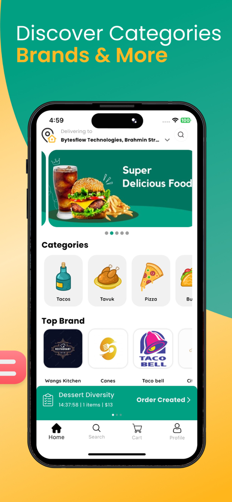 DeliWare - Food Delivery - DeliWare food delivery app home screen displaying food categories and top restaurant brands
