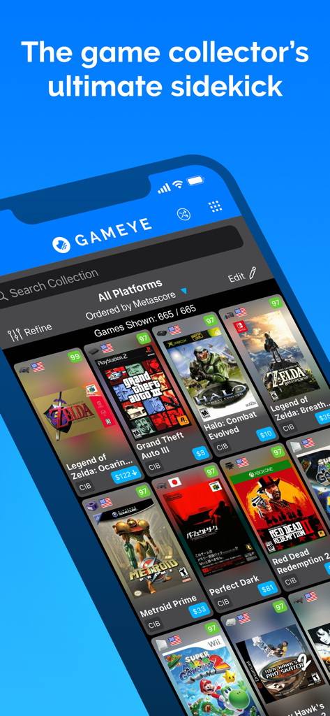 GAMEYE app interface displaying a video game collection with market prices and Metascores