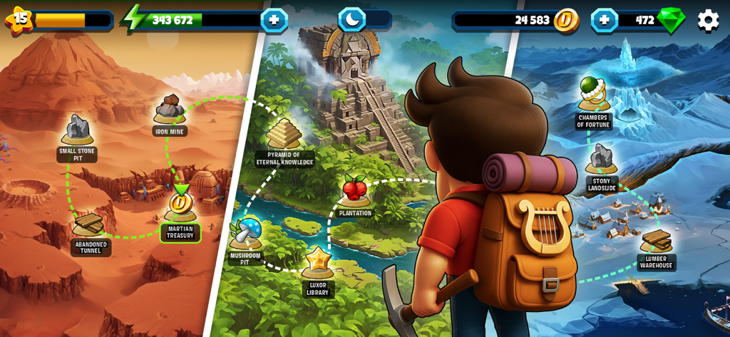 World map showing desert jungle and ice exploration locations in Diggys Adventure Quest