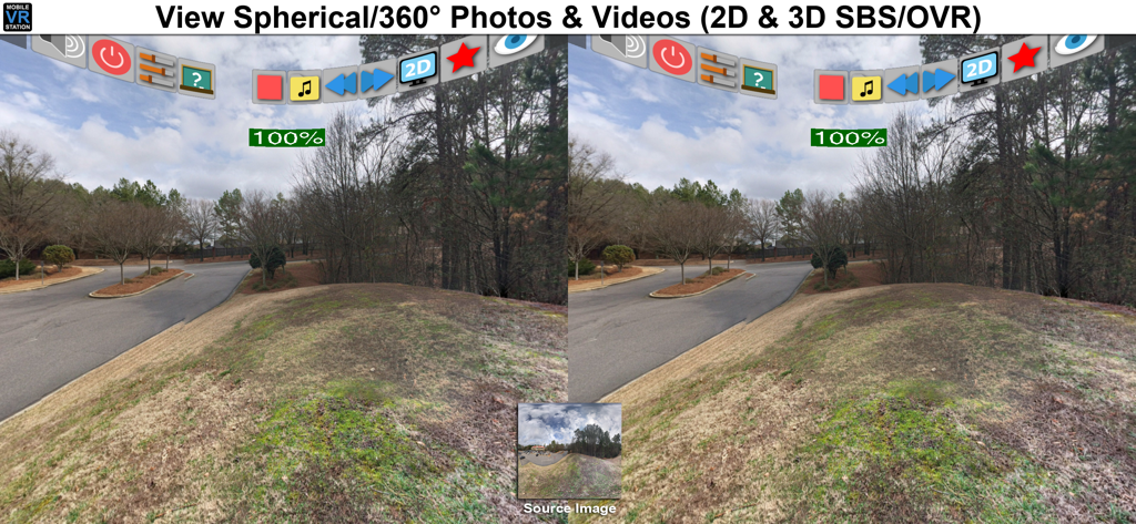 Mobile VR Station® - Mobile VR Station interface showing a split screen stereoscopic view of a 360 degree spherical photo
