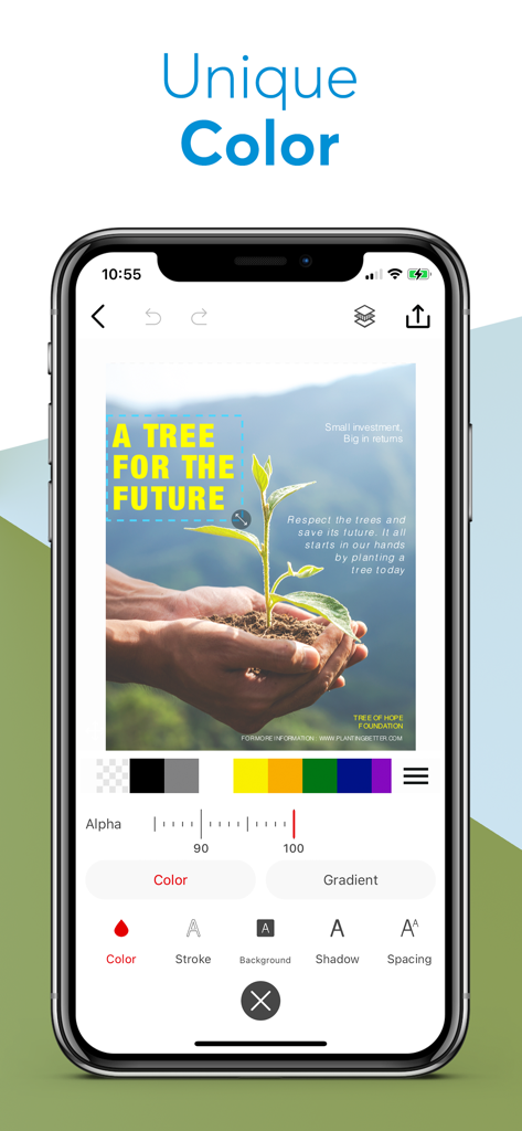Screenshot of Phonto app interface showing unique color and text styling tools for photo editing