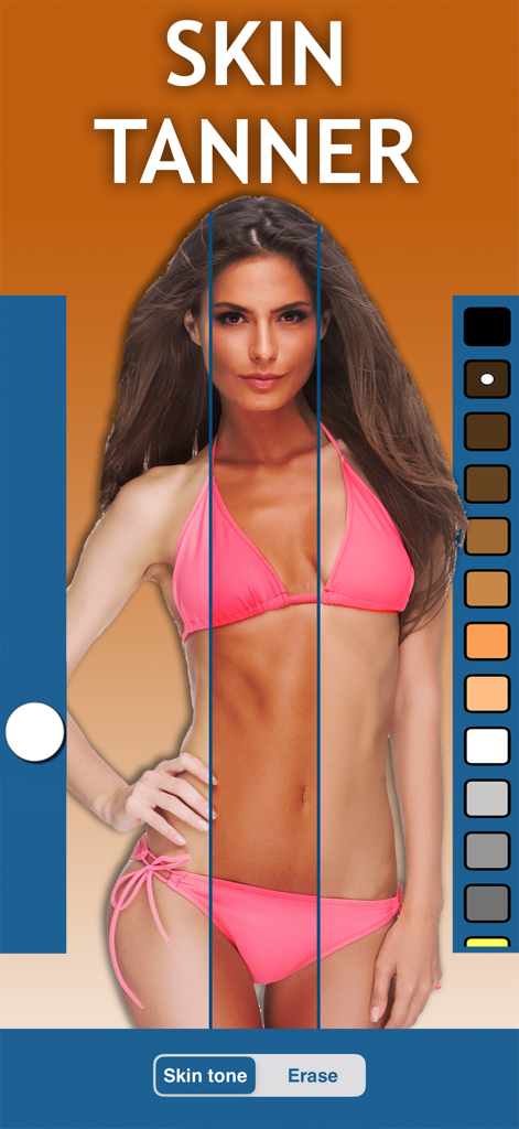 Démonstration de l'outil de bronzage de la peau dans l'application Body Editor montrant des tons de peau ajustables sur une femme en bikini