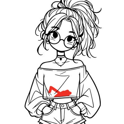 girl with a messy ponytail glasses a baggy crop top and jean shorts