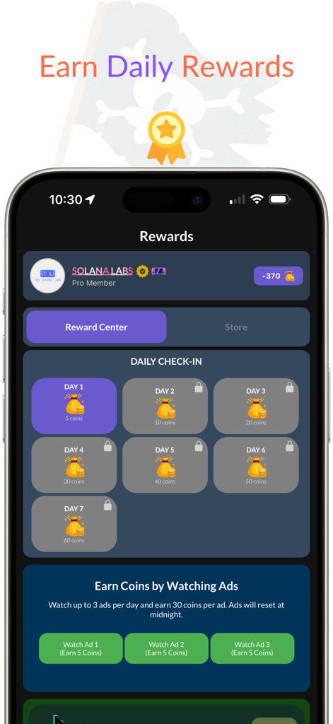 Blox Fruits Values Calculator - Interfaccia dell'app Calcolatore Valori Blox Fruits che mostra un sistema di ricompense per il check-in giornaliero e opzioni per guardare annunci per guadagnare monete.