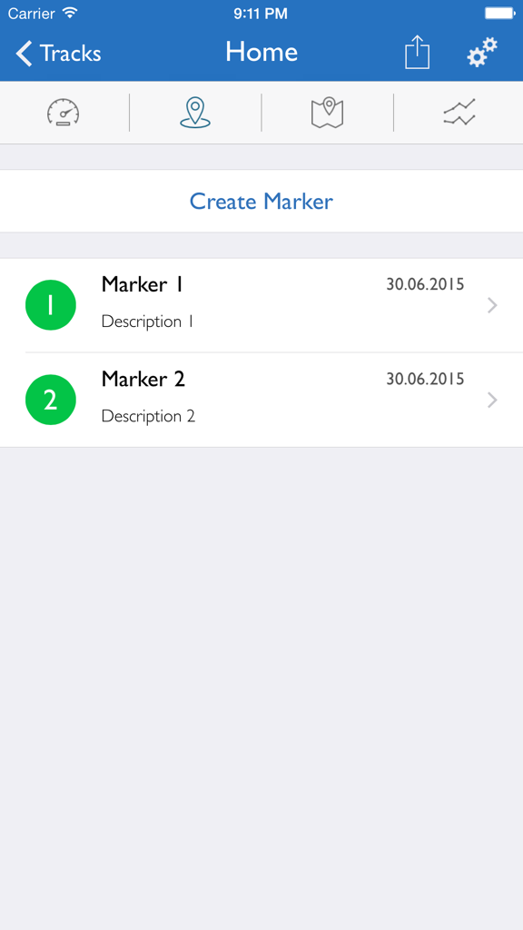GPS-Tracker Pro - GPS-Tracker Pro 화면으로, 날짜와 설명이 포함된 사용자 지정 위치 마커 목록을 표시합니다.