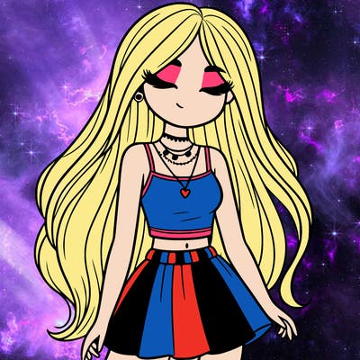 girl with long hair, crop top, skirt and necklace