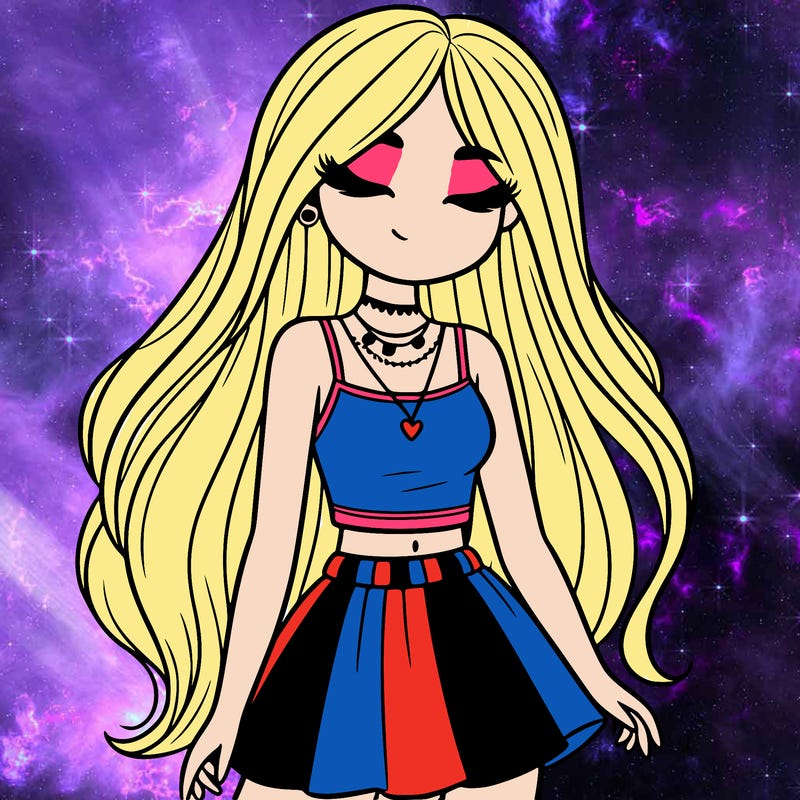 girl with long hair, crop top, skirt and necklace