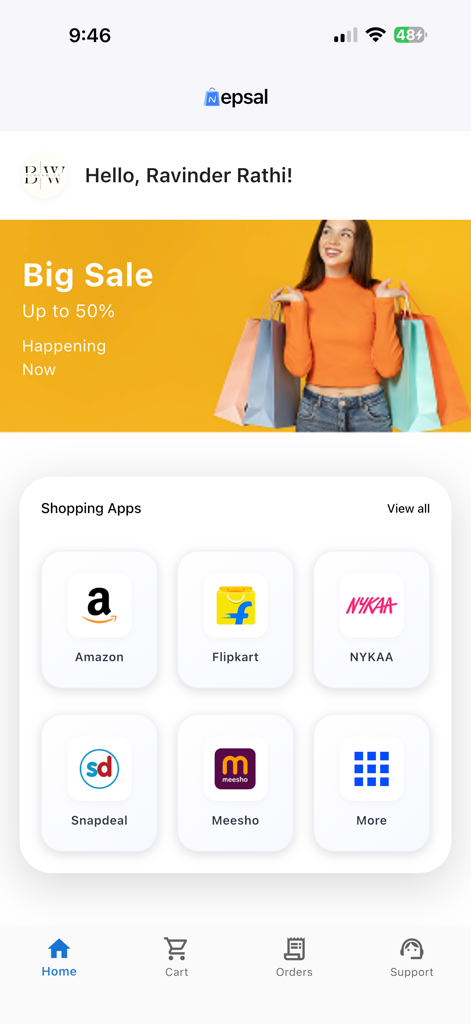 The home screen of the NEPSAL app displaying a big sale banner and access to Indian shopping platforms like Amazon and Flipkart for cross border delivery