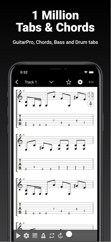 GuitarTab - Tabs & chords Pro - GuitarTab app interface showing sheet music and tabs for guitar players