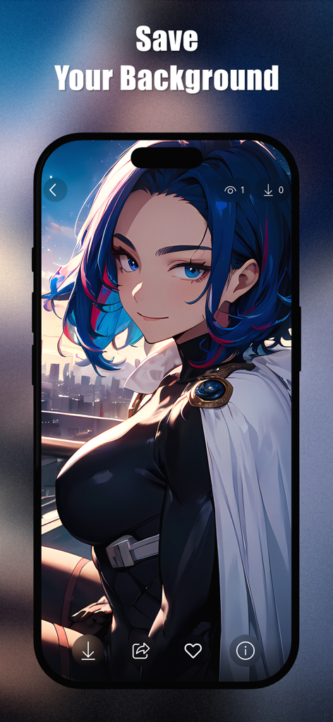 Anime Girl Wallpaper 4K | HD - An iPhone screen displaying a high-resolution wallpaper of a blue-haired anime girl with the text Save Your Background