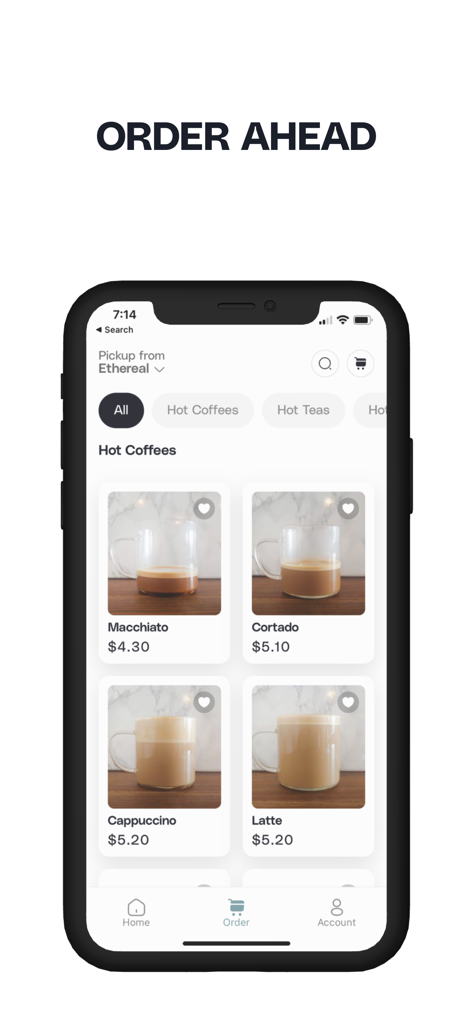 Ethereal Cafe - Ethereal Cafe mobile app interface showing the hot coffee menu and order ahead feature