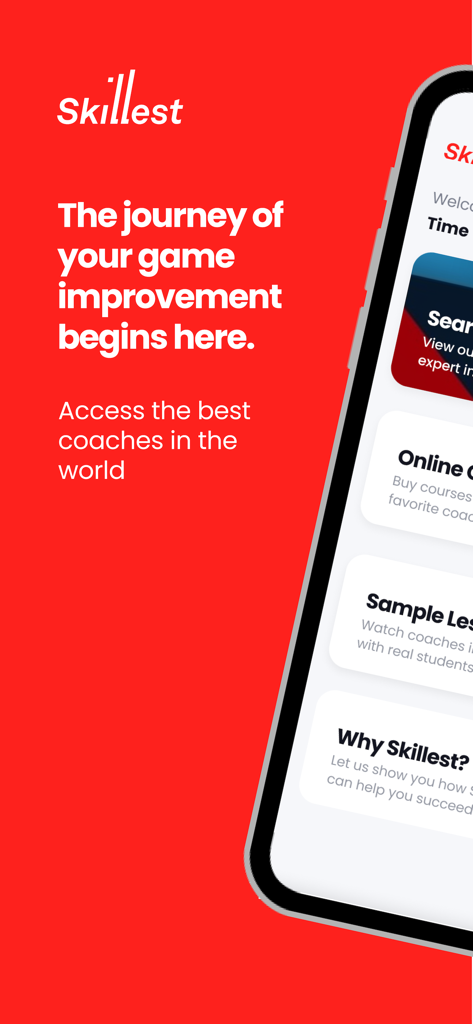 Skillest: #1 Sports Coaching - Skillest app welcome screen with a red background and text about game improvement through elite coaching
