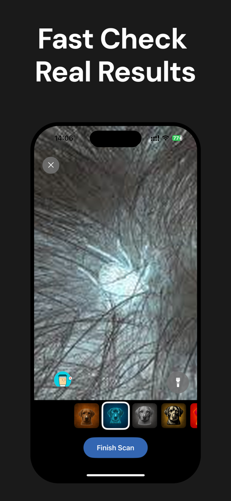 Tick Detector: Pet Tick Scan - Smartphone screen displaying the Tick Detector app negative filter scanning pet fur to highlight ticks.
