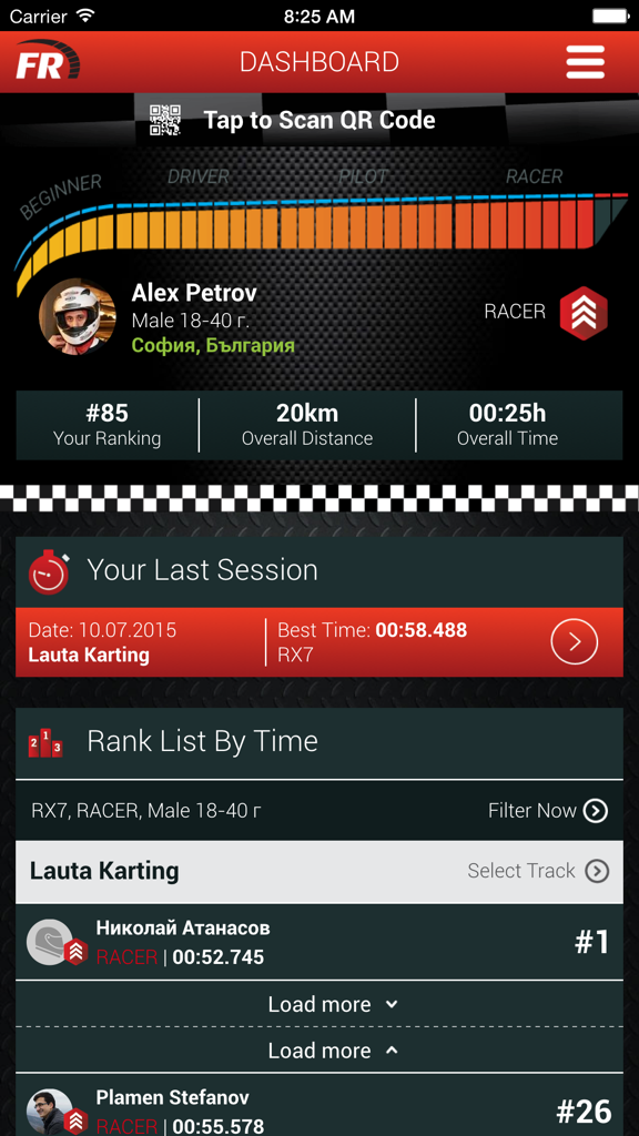 RaceFacer app dashboard showing racer statistics ranking and track leaderboard