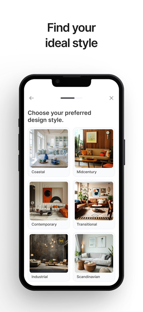 Una pantalla de iPhone de la aplicación Palazzo que muestra varias opciones de estilo de diseño de interiores como Costero, Midcentury e Industrial para un cuestionario de rediseño del hogar.