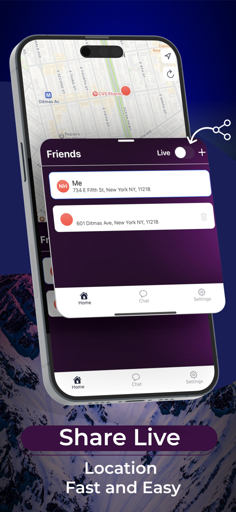 Phone tracker• Find My Friends - Smartphone screen displaying real-time location sharing and a list of friends on a map