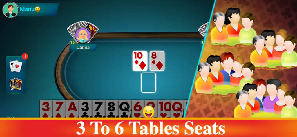 Bhabhi Thulla Online Card Game - Bhabhi Thulla card game interface showing a multiplayer table and a banner highlighting 3 to 6 player seat options.