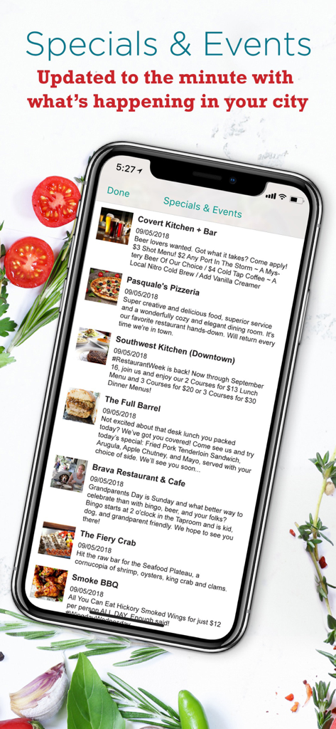 Tela do aplicativo Greenville Dining exibindo promoções e eventos de restaurantes locais em Greenville, Carolina do Sul