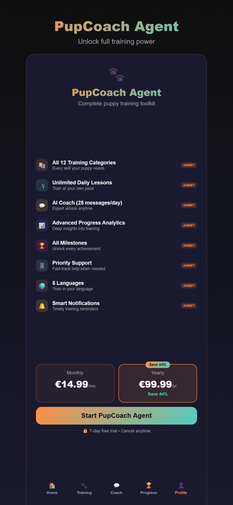 PupCoach — AI Puppy Training - PupCoach Agent subscription page showing premium puppy training features and pricing options for monthly and yearly plans