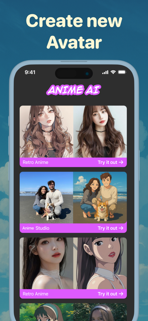 Anime Filter AI - Manga Effect - App screen showing various AI filters for transforming real photos into anime style avatars