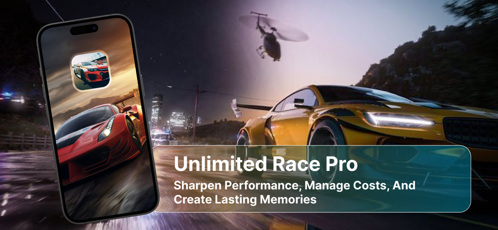 Unlimited Race Pro - Unlimited Race Pro app promo screen showing a red sports car on a smartphone and a yellow race car on the background