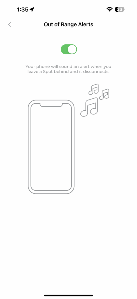 Interface of the Spot 2.0 app featuring the Out of Range Alerts toggle and an illustration of a phone sounding an alarm