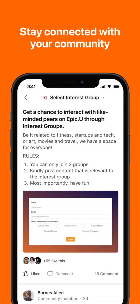 Epic.U - Captura de pantalla de la aplicación móvil Epic.U que muestra una pantalla de selección de grupos de interés de la comunidad como fitness y tecnología.
