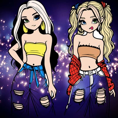 2 girls in crop tops and baggy jeans ripped