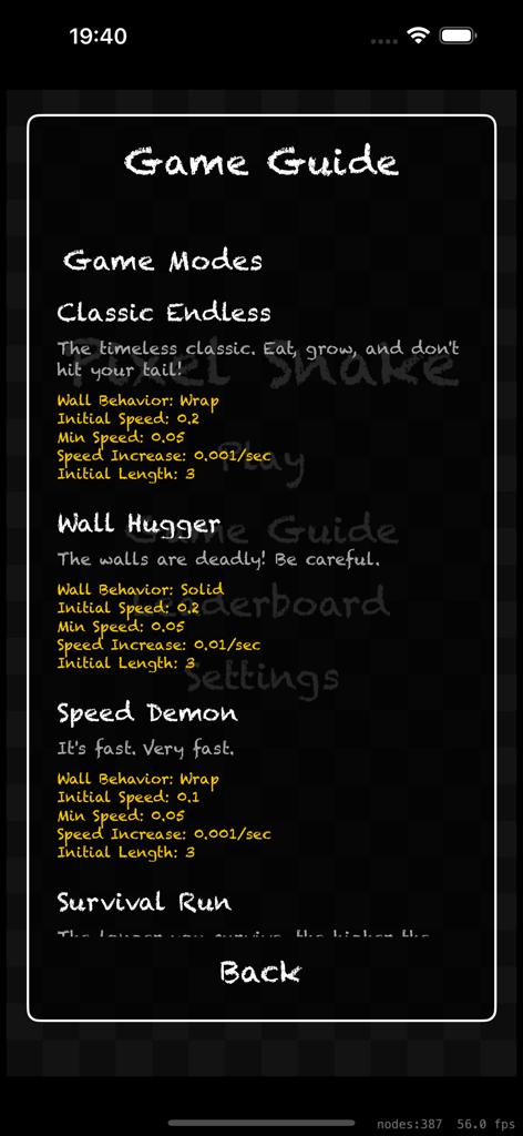 Pixel Snake: Retro Challenge - Game guide screen for Pixel Snake Retro Challenge showing various game modes and rules