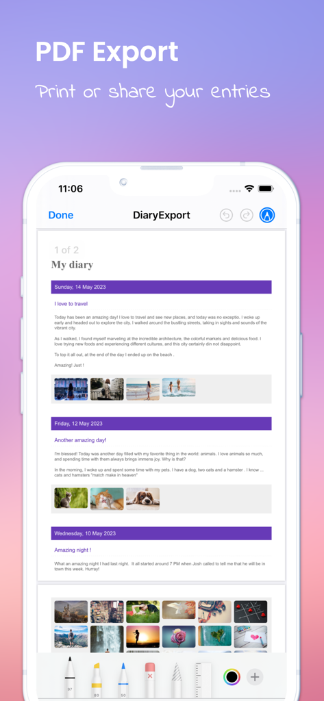 Interface of the My diary app showing a preview of diary entries ready for PDF export with photos and text