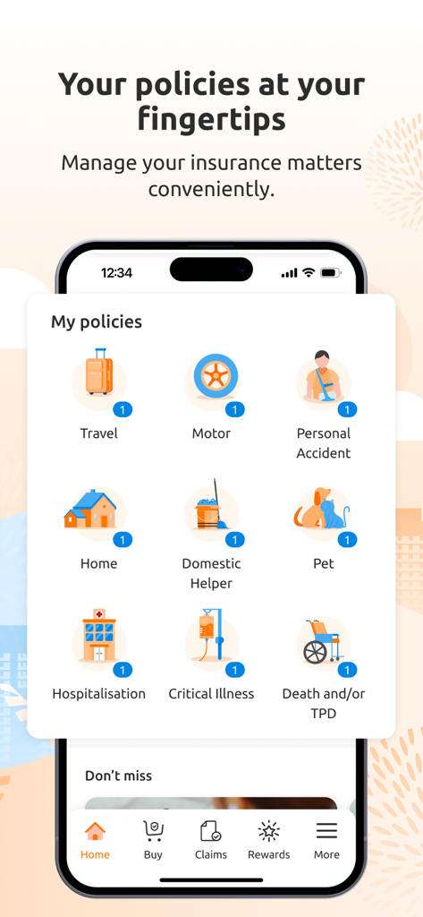 My Income insurance app dashboard showing various policy types like Travel Motor and Home