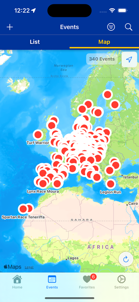 Interactive map of obstacle course racing events throughout Europe