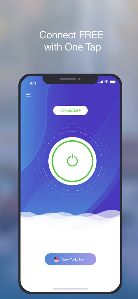 Fast VPN & Proxy Unlimited - Fast VPN mobile app interface showing a one-tap connection button and connected status to a New York server