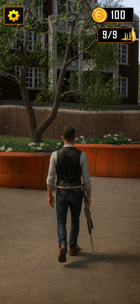 Sniper Shot Gun Shooting Game - Third-person view of a tactical operator walking with a sniper rifle in an urban courtyard.
