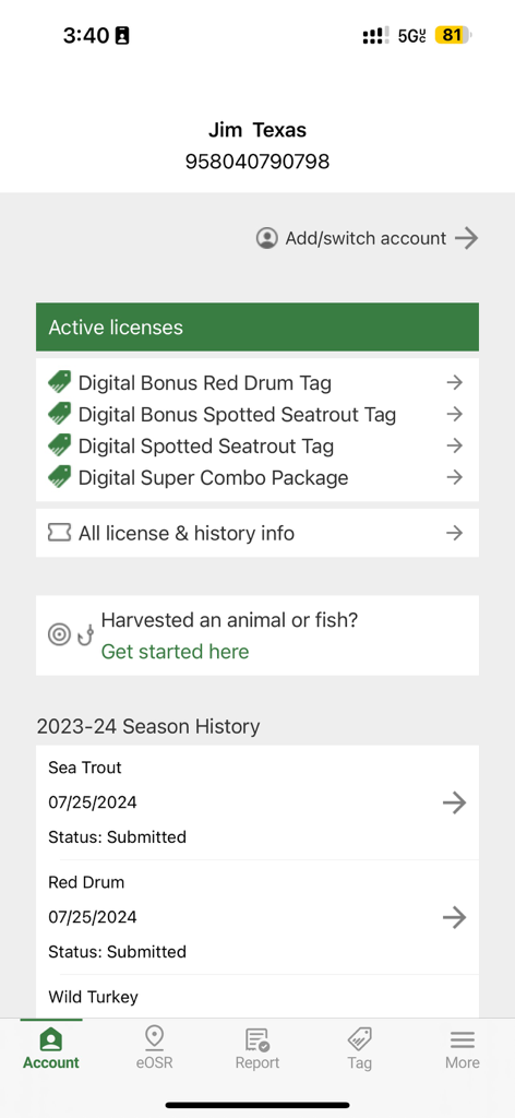 Texas Hunt and Fish app screen showing active digital licenses and harvest history for a user