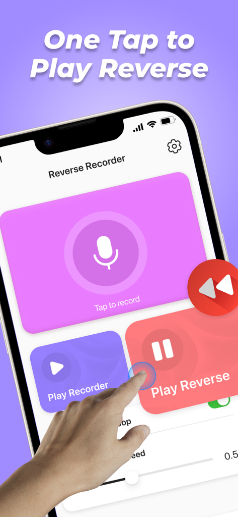 Reverse Audio: Play Singing - Smartphone screen showing the Reverse Audio Play Singing app with a hand tapping the play reverse button.