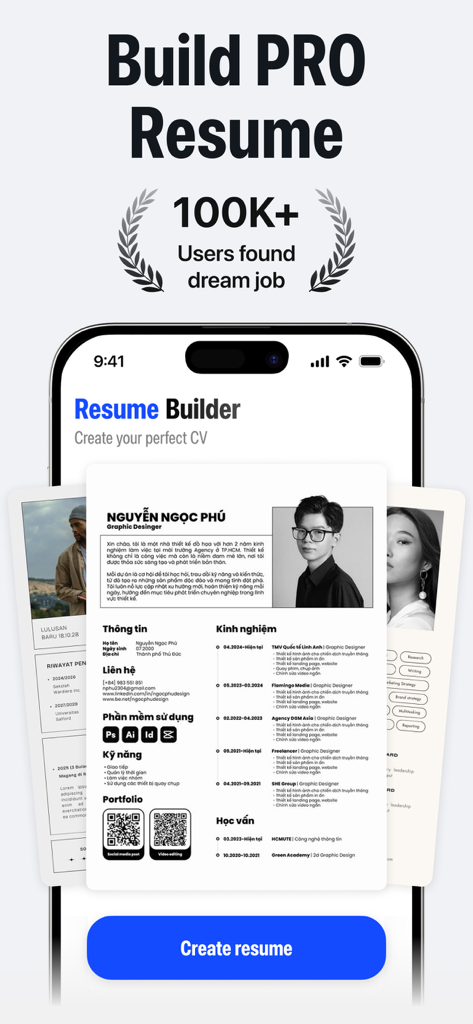 CV Builder: Resume Generator - Pantalla de iPhone mostrando una plantilla de currículum profesional con un hito de 100K usuarios y un botón de crear currículum