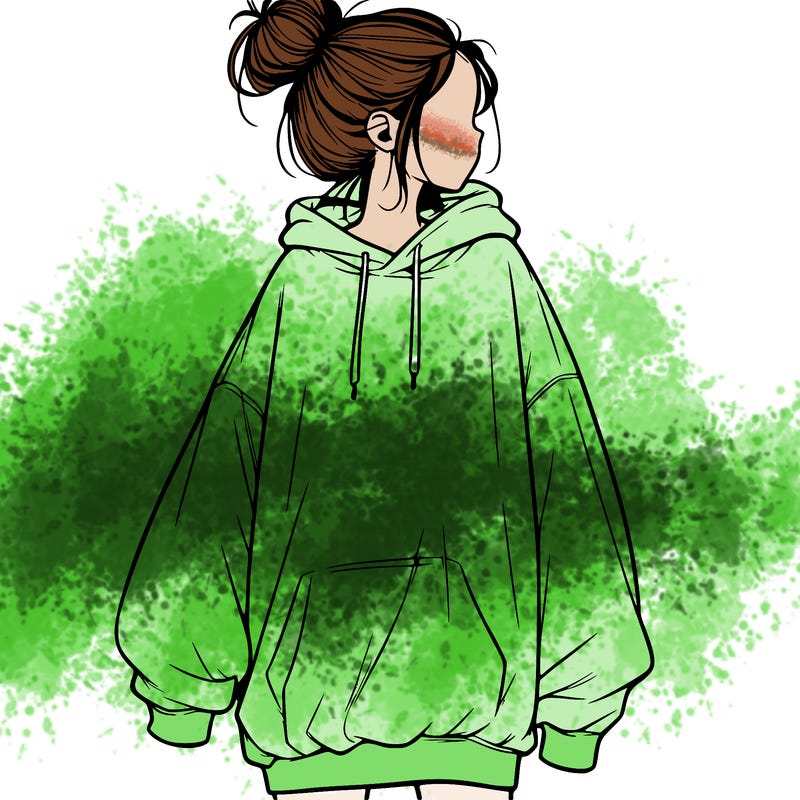 realistic girl with a oversized sweatshirt on and a bun