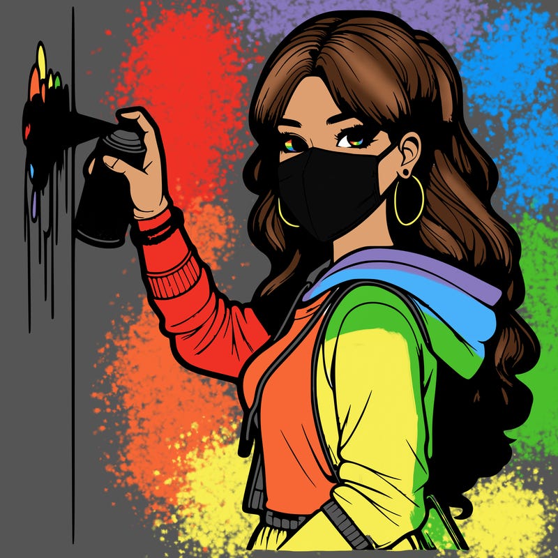 realistic girl with mask spray painting a wall