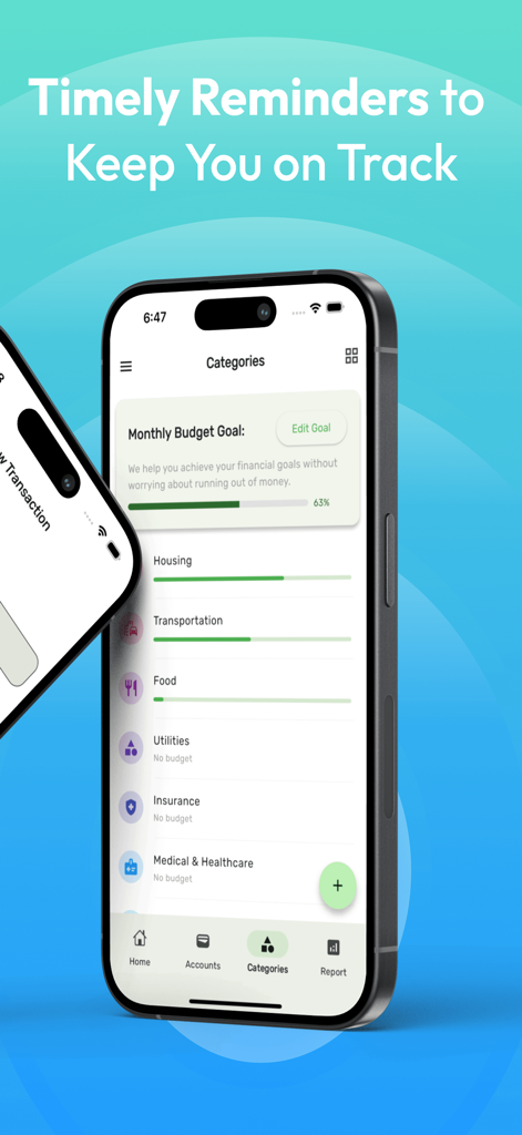 A smartphone screen displaying the Money Manager app with monthly budget goal progress and category tracking for housing and transportation.