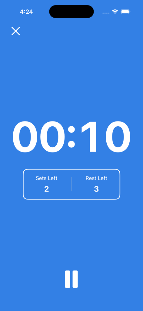 Uma interface de aplicativo móvel azul exibindo uma contagem regressiva de dez segundos de treino com séries restantes e descanso.