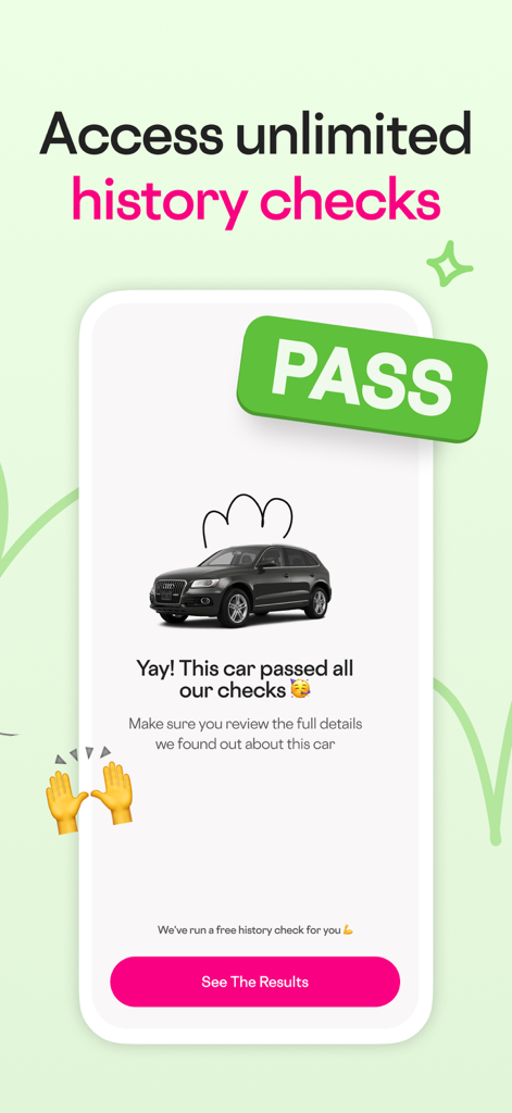 Carmoola app screen displaying a successful car history check result with a green pass stamp over an SUV.